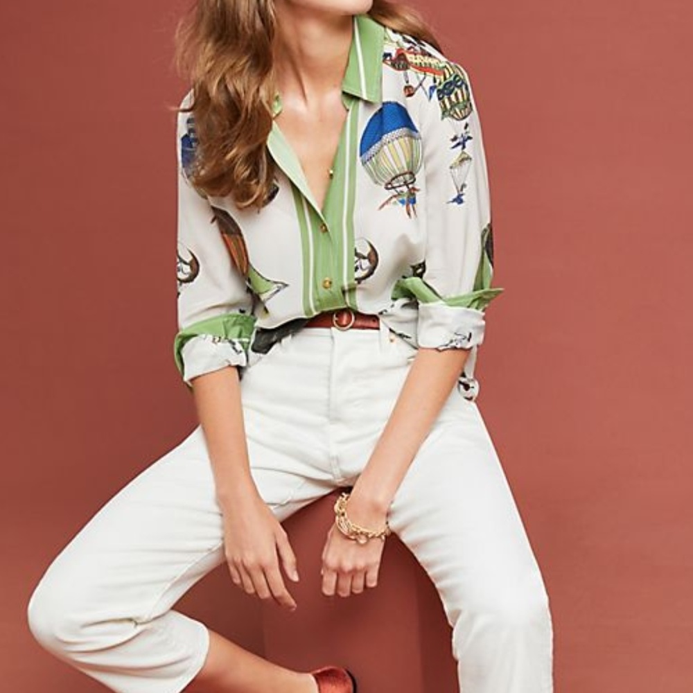 Anthro Maeve Silk HotAirBalloon Print Button Down